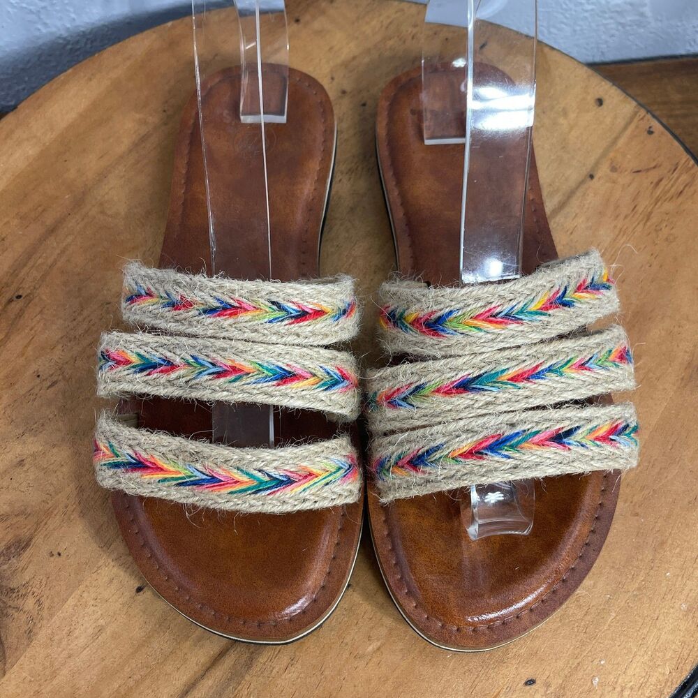 Buckees Womens Sandals 8 Slide Flat  Brown Jute Rope Boho Casual Beach Travel